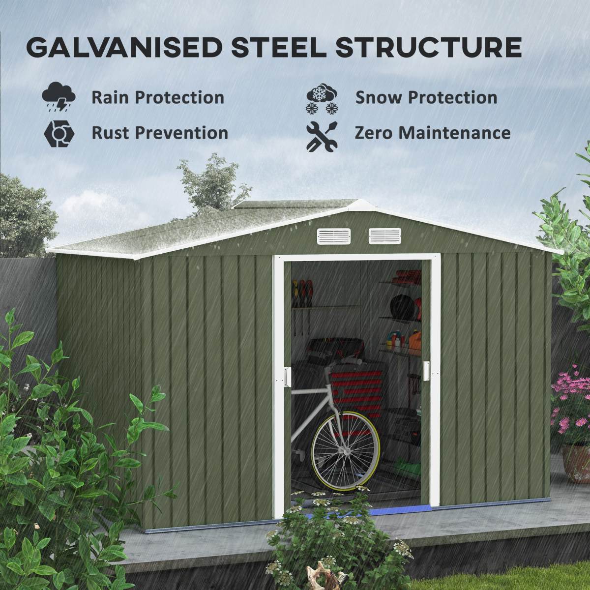 9 x 6FT Green Metal Garden Storage Shed with Sliding Double Doors, Ventilation, Sloping Roof and Floor Foundation