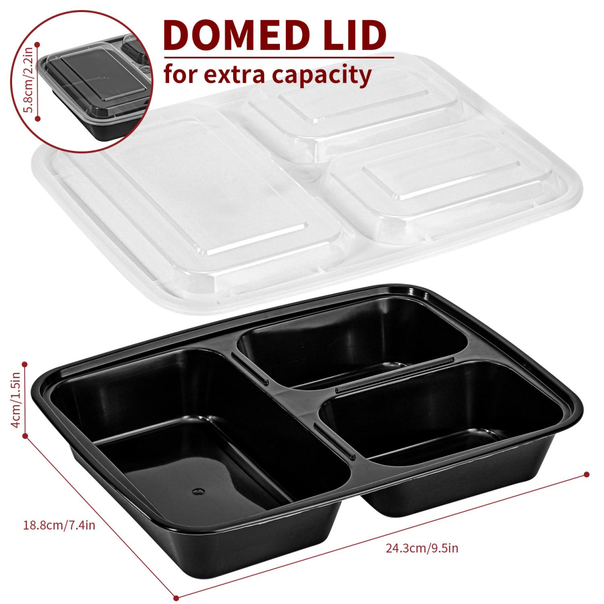 Vinsani 3 Compartment Meal Prep Containers with Leak-Resistant Lids, BPA-Free Plastic, Microwave Freezer Dishwasher Safe, Stackable Reusable Food Storage Containers