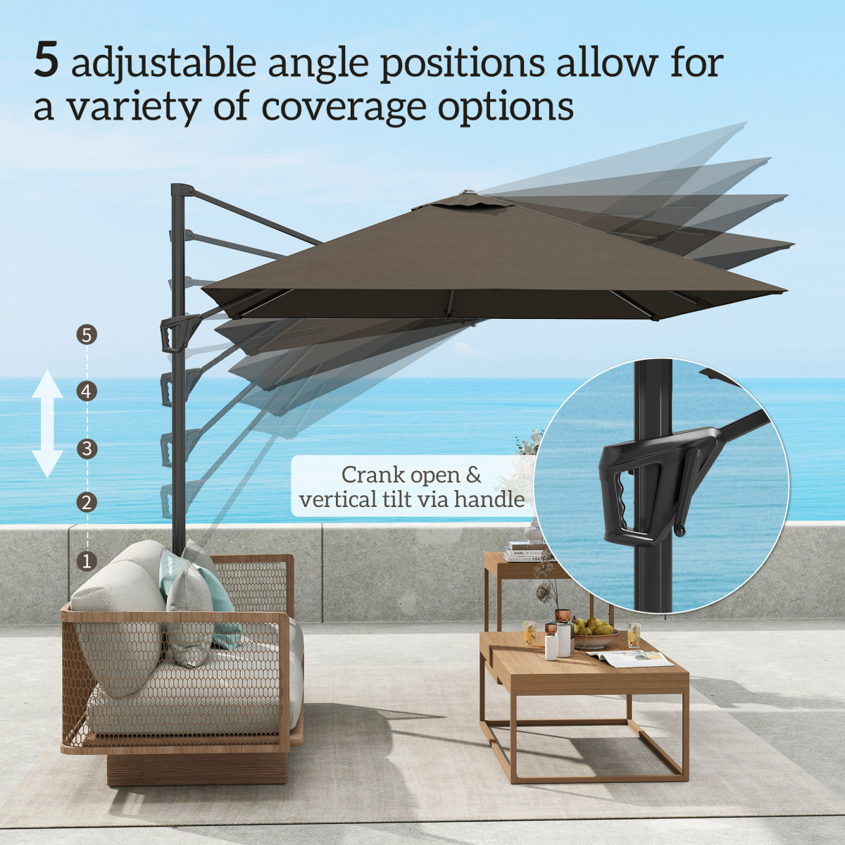 Outsunny Square Cantilever Parasol, 360° Rotating, Hand Crank, Tan