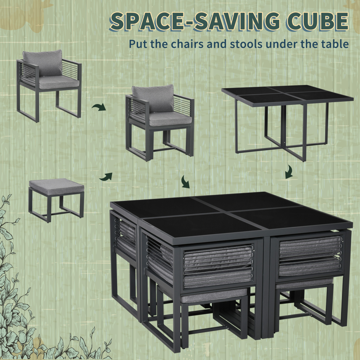 Outsunny 8-Seater Grey Garden Dining Set with Table, Chairs & Footstools