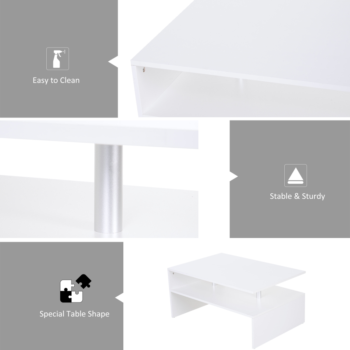 HOMCOM Modern 2-Tier Rectangular Coffee Table Side End Table, White