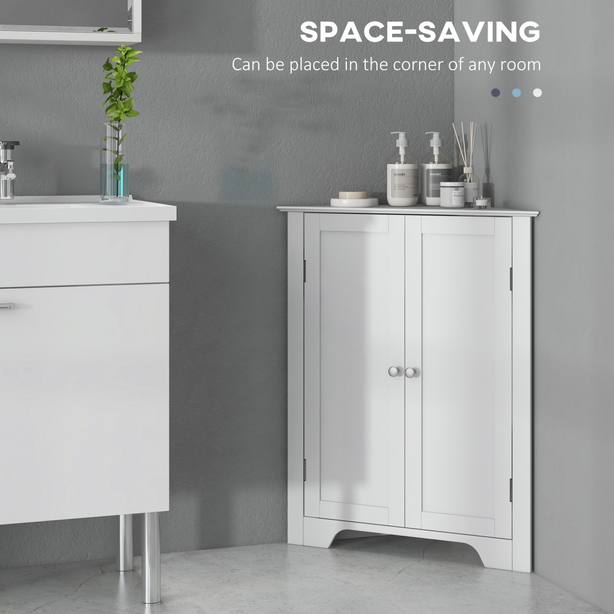 Corner Bathroom Cabinet with Recessed Doors & Adjustable Shelf, White