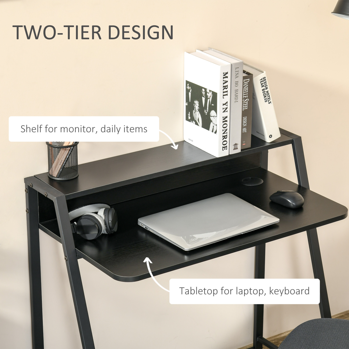HOMCOM Computer Desk with Upper Storage Shelf, Two-Tier Work Table, 85cm