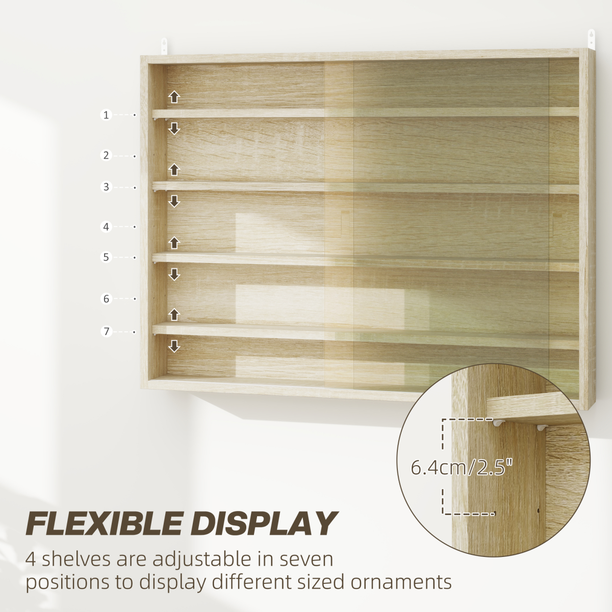 HOMCOM Oak 5-Tier Wall-Mounted Display Cabinet with Glass Doors