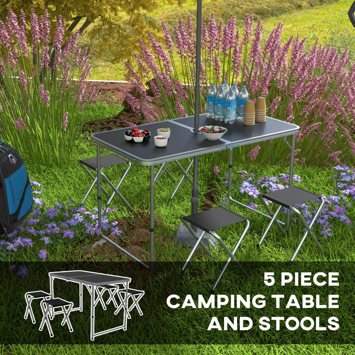 Outsunny Folding Picnic Table Set with 4 Chairs, Adjustable Height