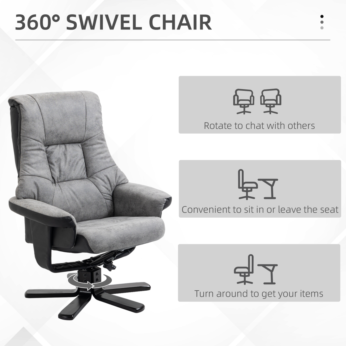 Manual Recliner Swivel Chair with Footstool, Grey Faux Leather