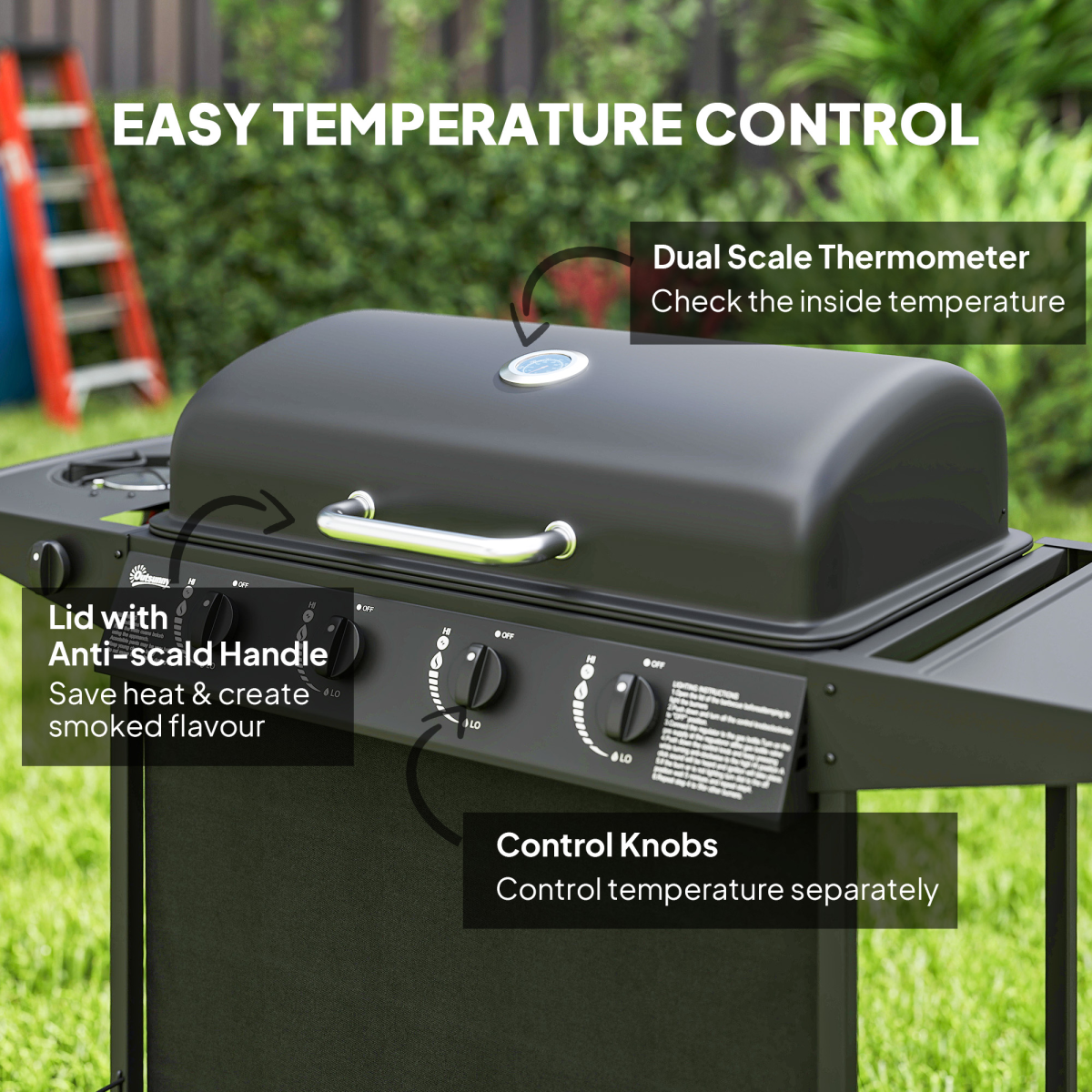 Outsunny 5-Burner Gas BBQ Grill with Side Burner, Lid, Black