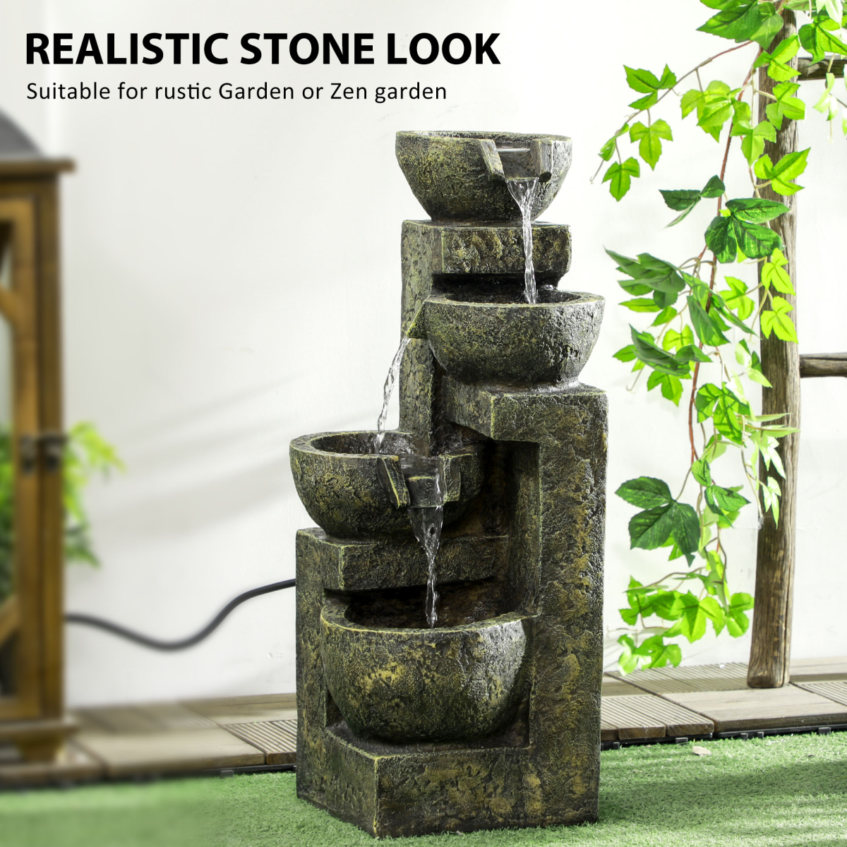 Outsunny 4-Tier Stone Look Garden Fountain with Adjustable Flow