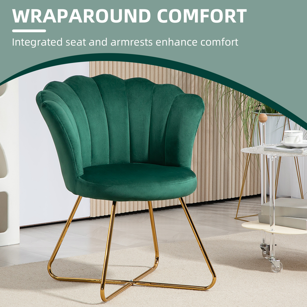 HOMCOM Velvet Accent Armchair with Lotus Backrest, Steel Legs, Green