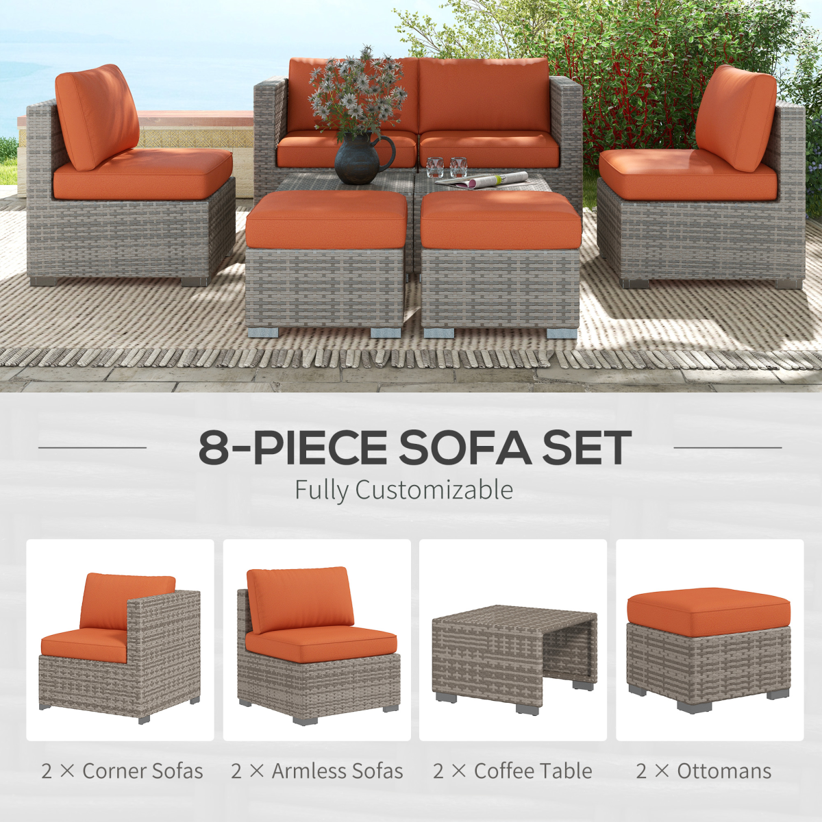 Outsunny 8-Piece Outdoor Patio Rattan Furniture Set with Cushioned Chairs, Footstools and Square Tables
