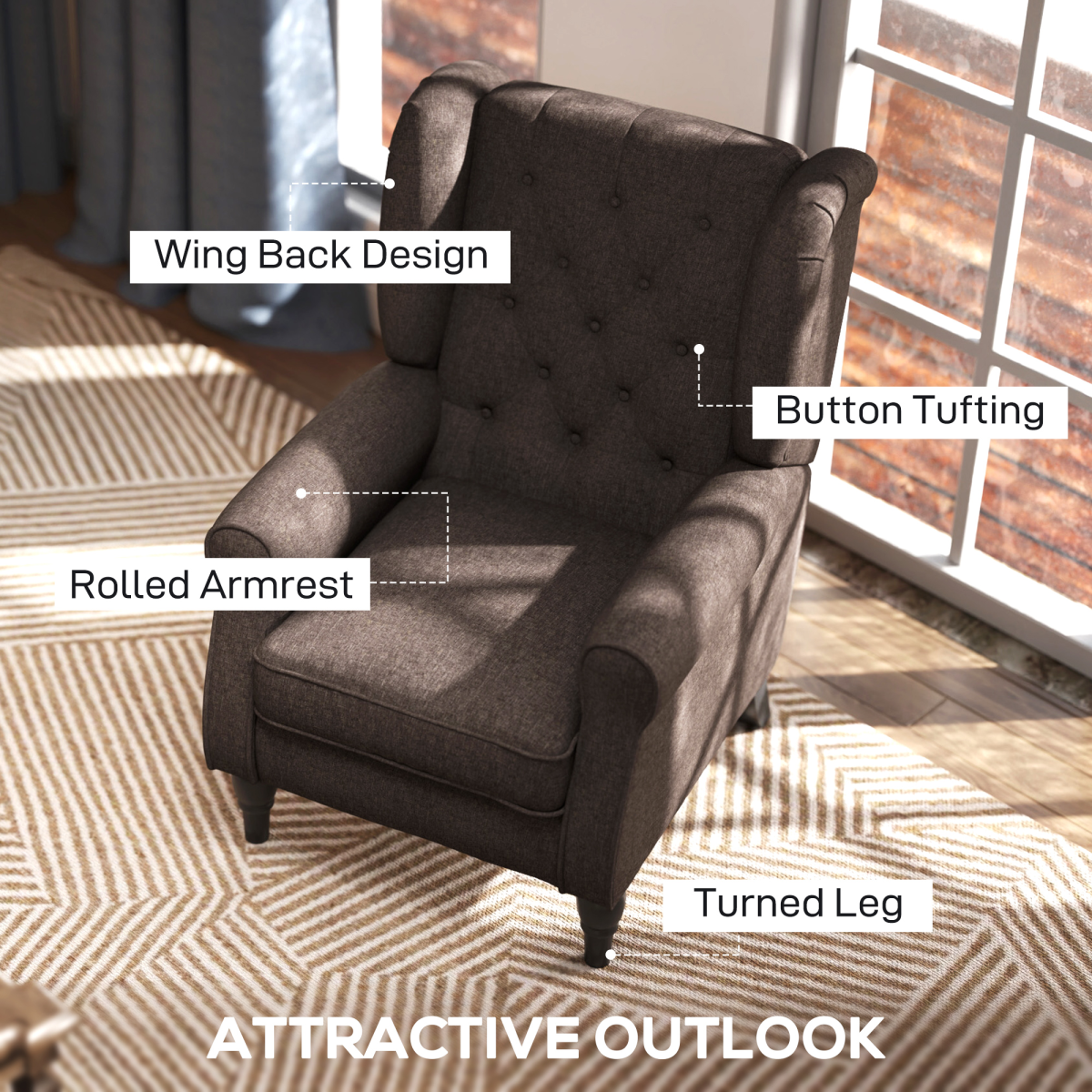 Retro Wingback Accent Chair with Wooden Frame for Living Room, Brown