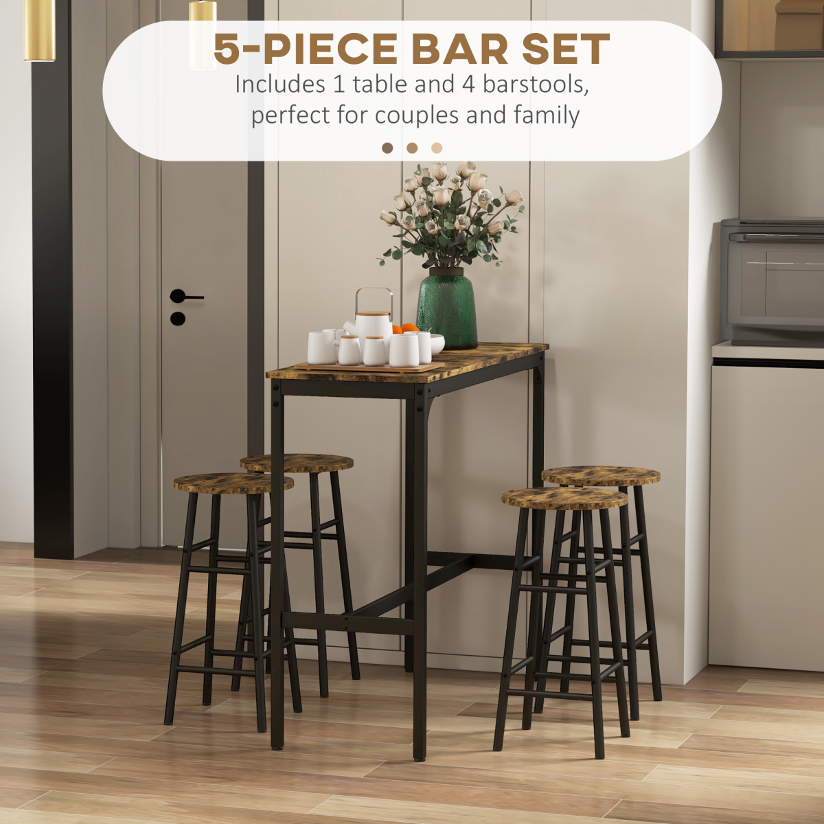 HOMCOM 5 Piece Industrial Bar Table and Stools Set, Rustic Brown