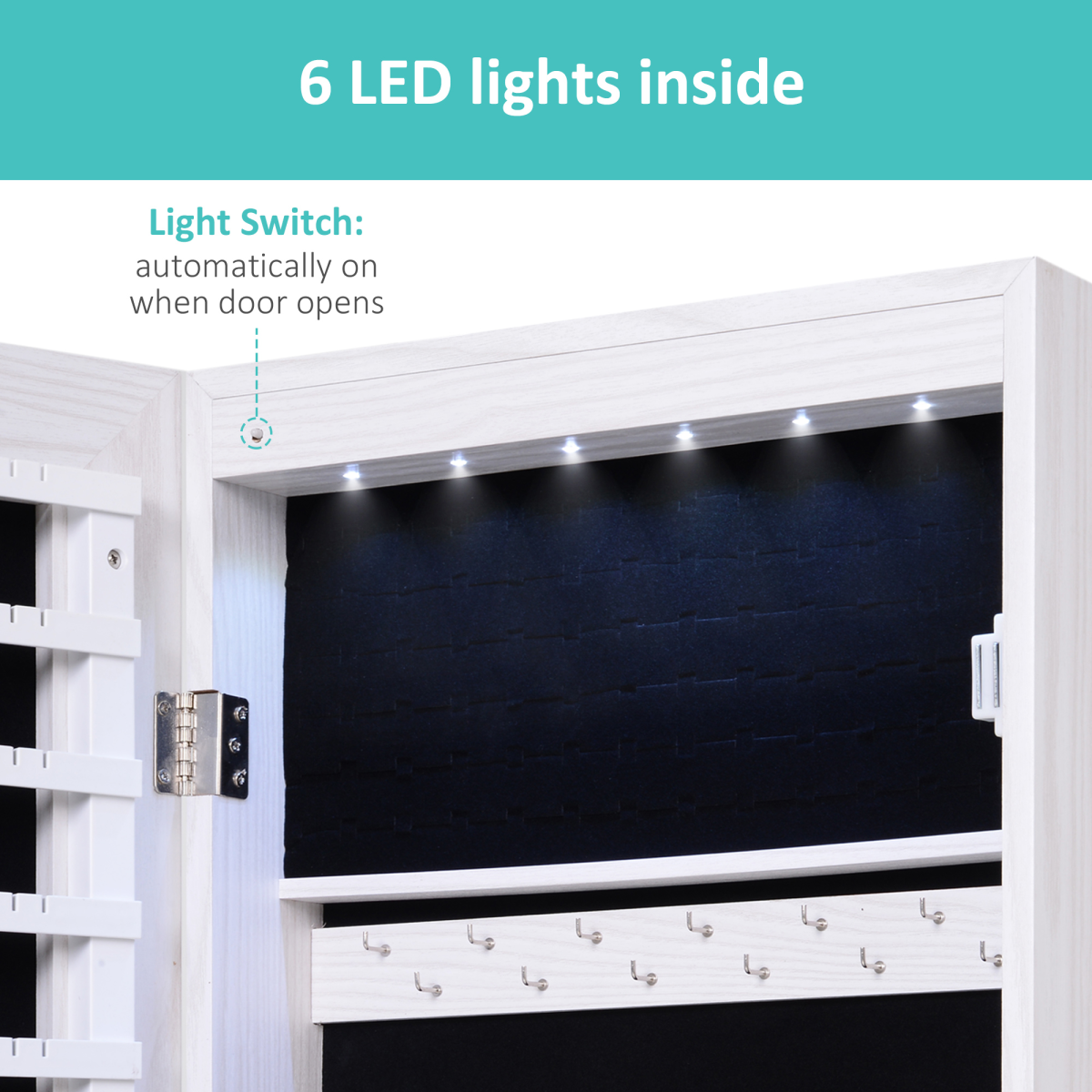 Lockable Hanging Mirrored Jewellery Cabinet with 6 LED Lights, White