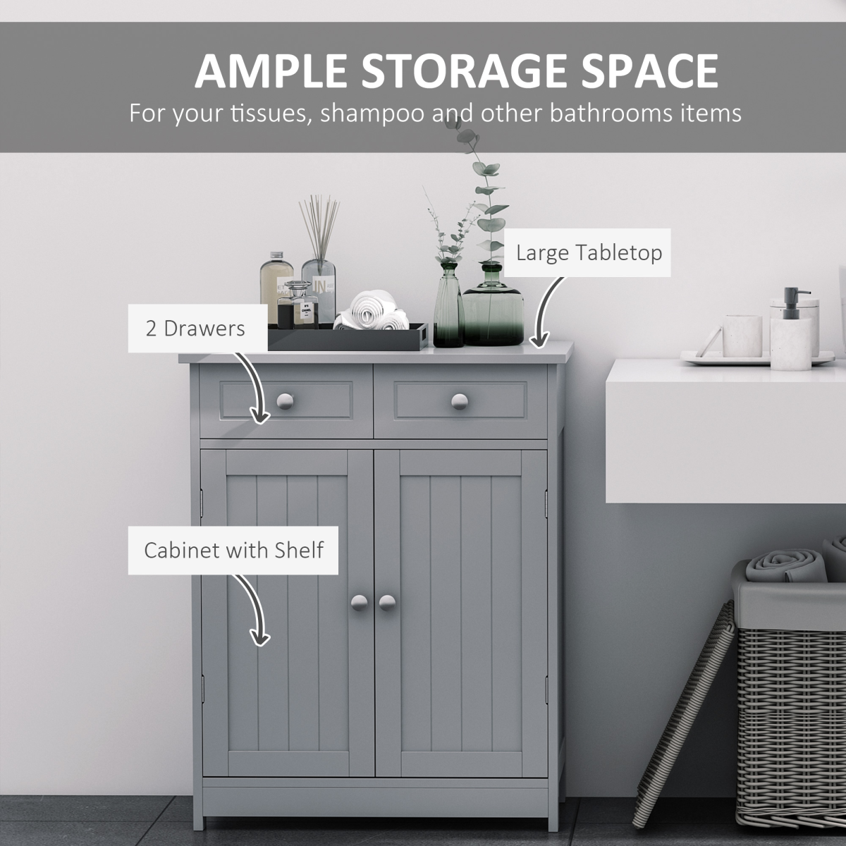 kleankin Bathroom Floor Storage Cabinet with 2 Drawers, Cupboard and Adjustable Shelf, Grey