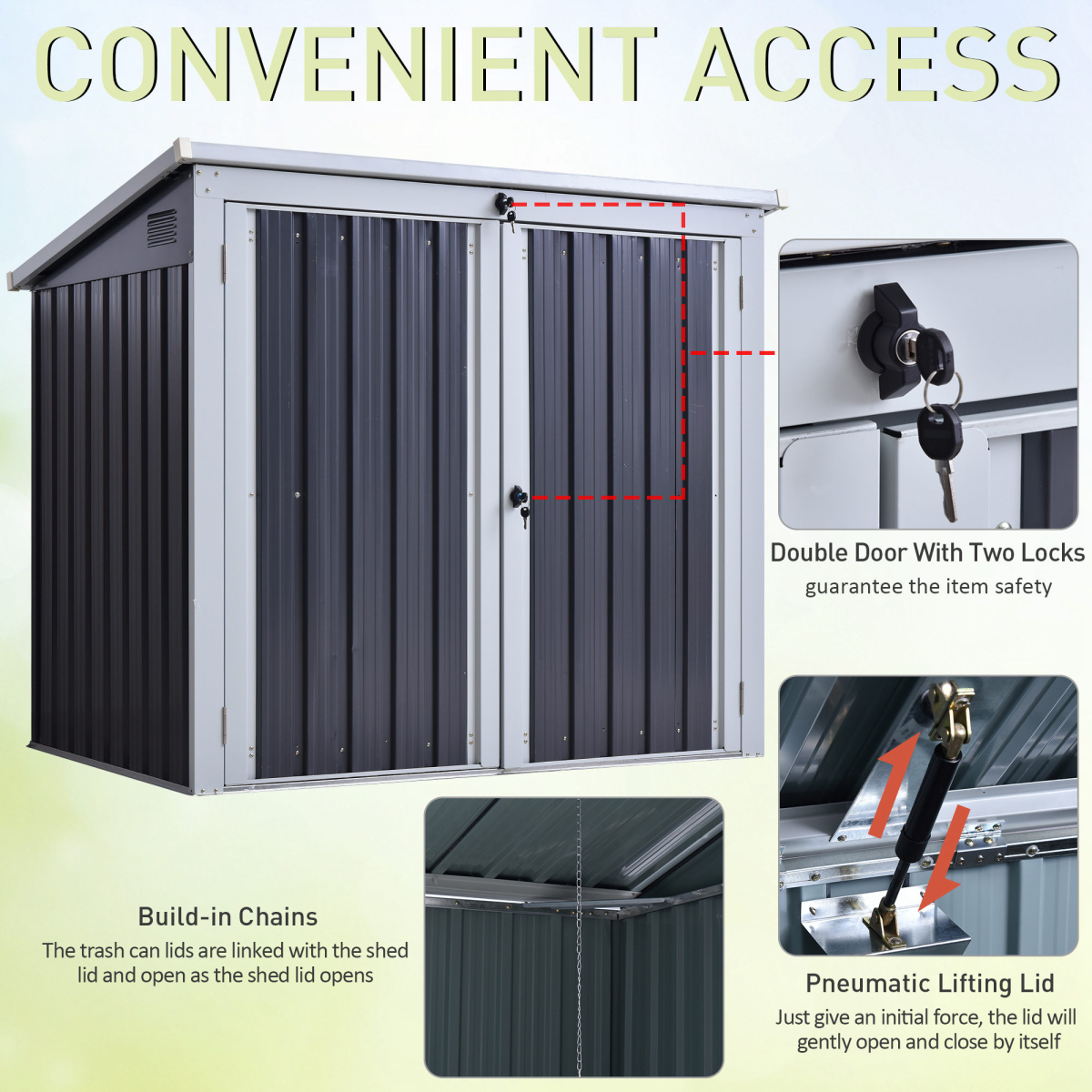 Steel Garden Storage Shed for 2 Wheelie Bins, Double Doors, Lift-Up Lid, Lockable Steel Bin Cover