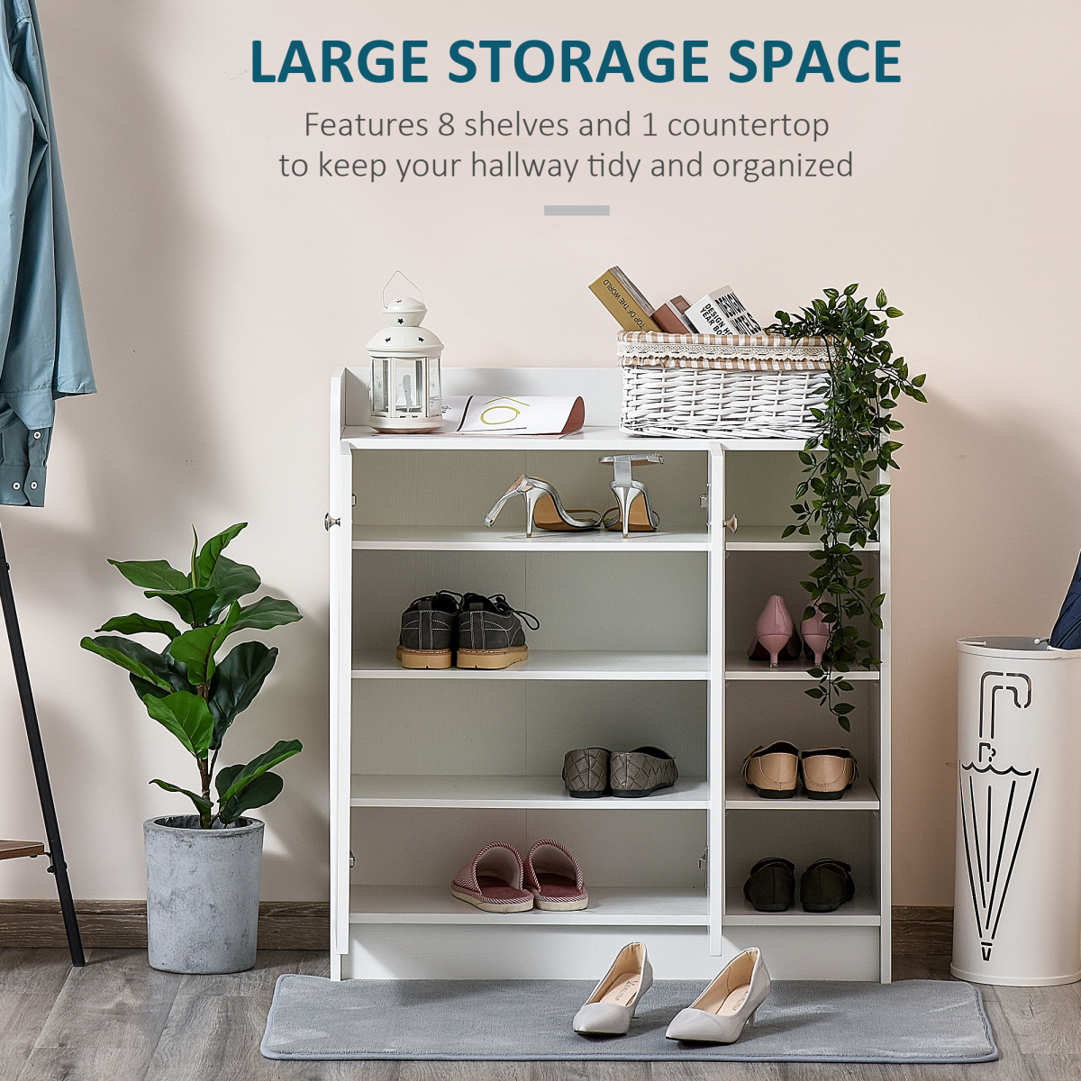 HOMCOM White Shoe Storage Cabinet with 2 Doors, Adjustable 4 Shelves, 4-Tier Shoe Organizer