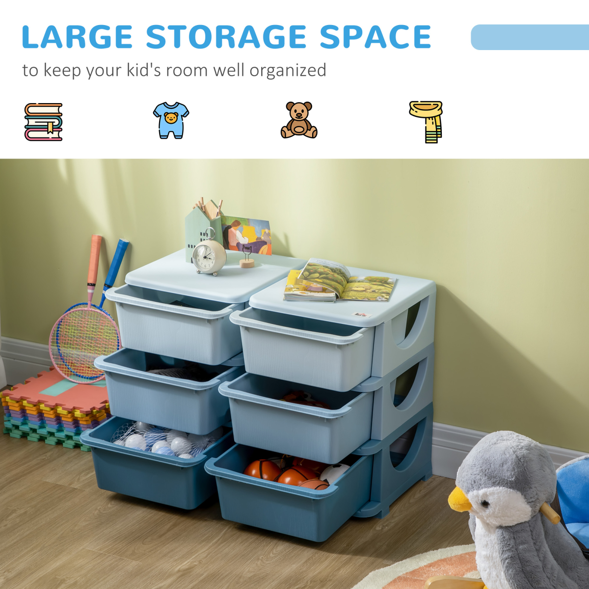 HOMCOM Kids Toy Storage Unit with 6 Drawers, Blue