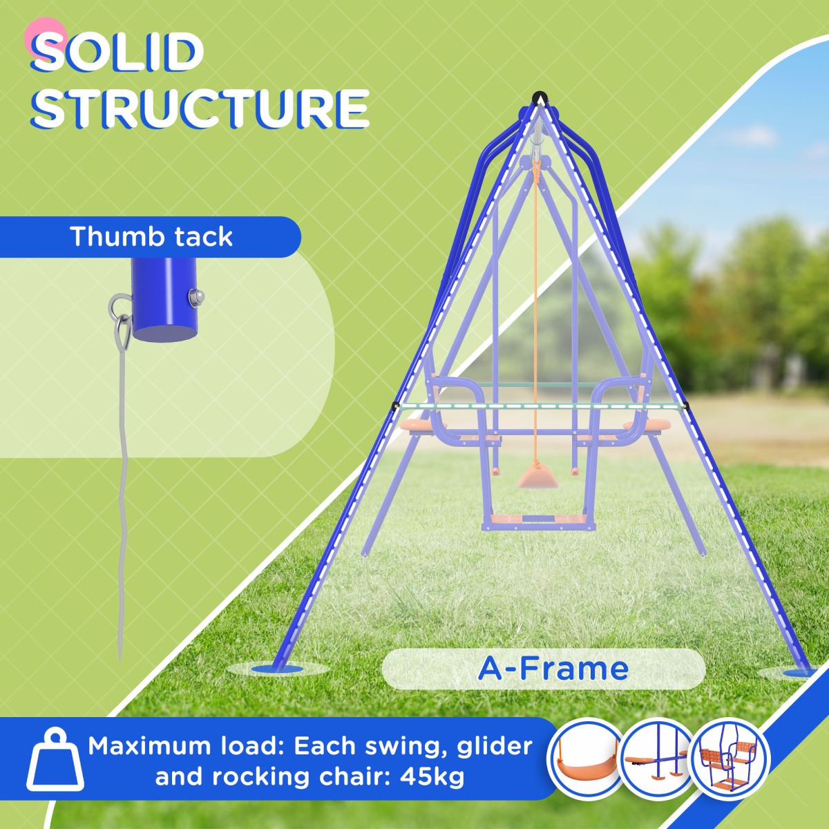 Outsunny 3 in 1 Metal Kids Swing Set with Swing, Glider, Rocking Chair, Orange