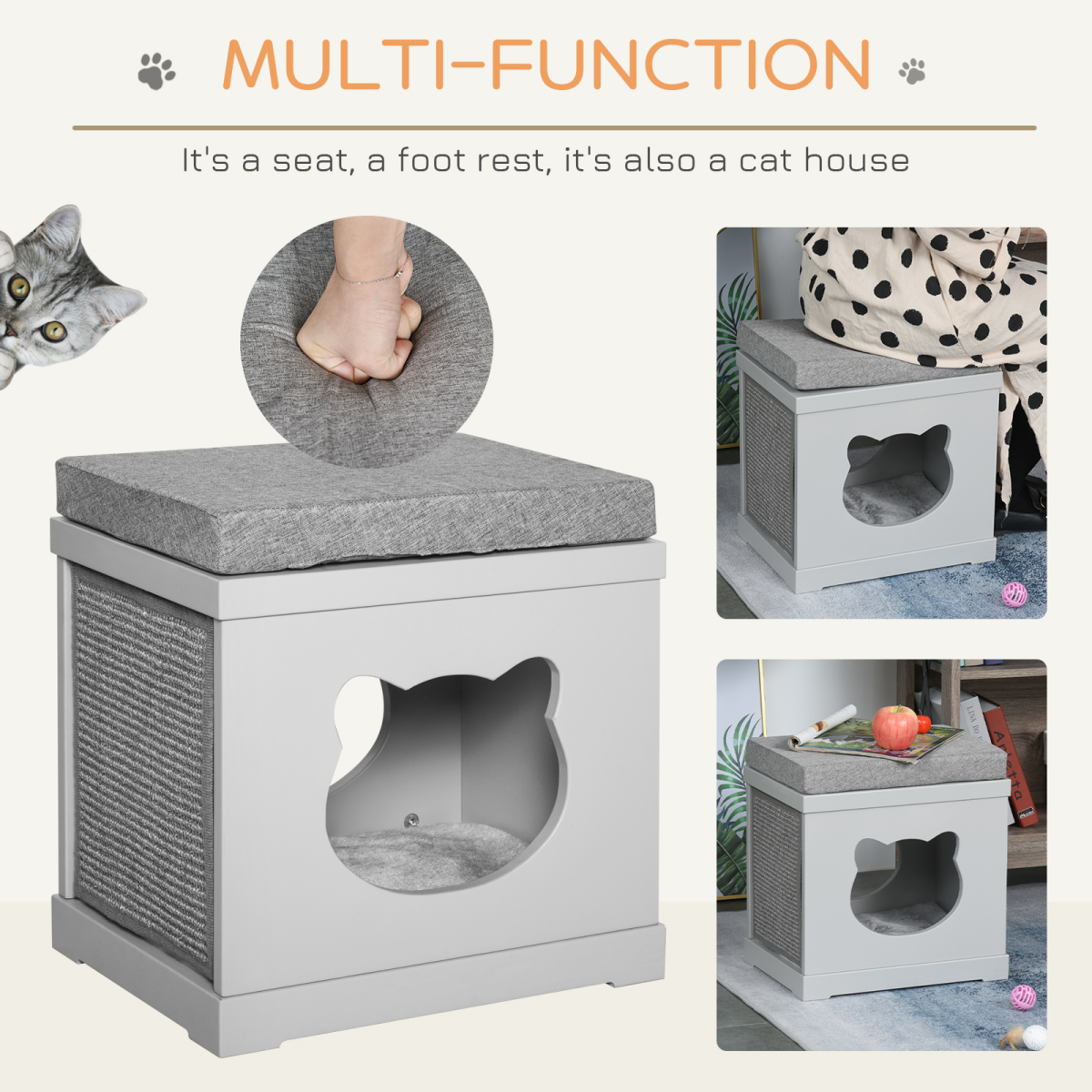 PawHut Cat House Bed Kitten Cave Cube Indoor with Soft Cushion and Two Sisal Scratching Pads, Grey