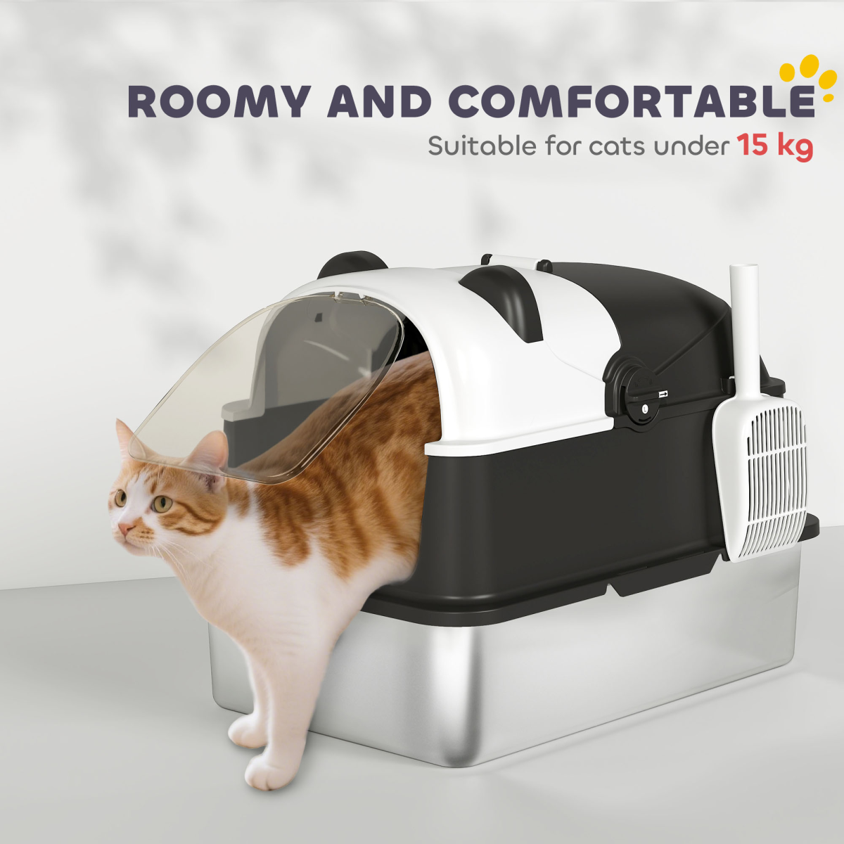 PawHut XL Stainless Steel Enclosed Cat Litter Box with Lid, Panda Style