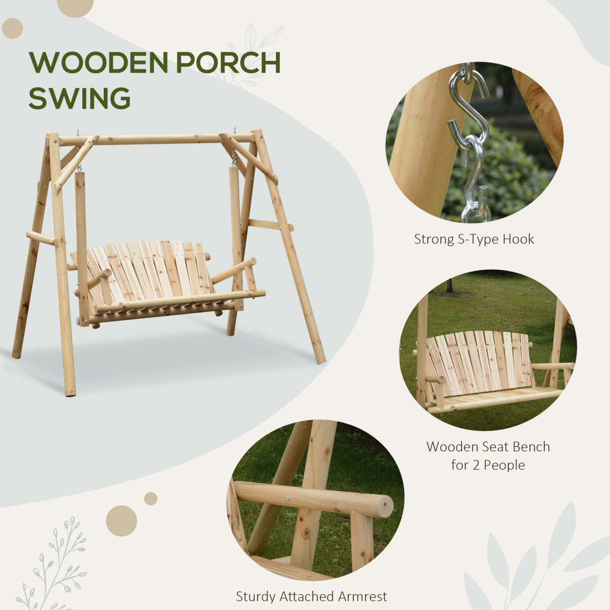 Outsunny 2-Seater Wooden Porch Swing Bench with Armrests