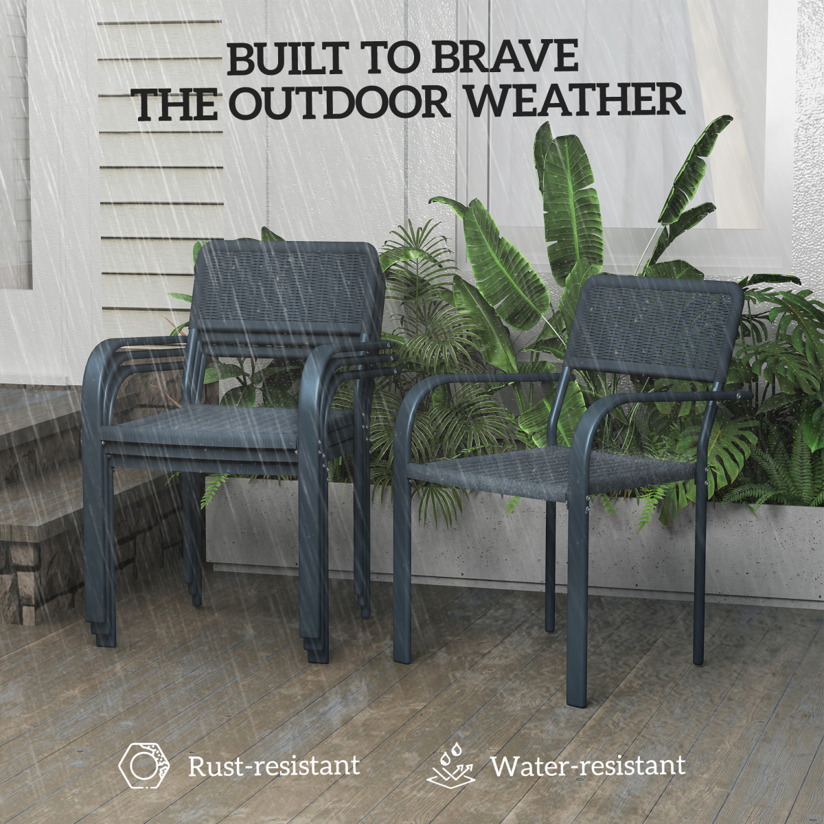 Outsunny Set of 4 Stackable Rattan Effect Garden Chairs, Dark Grey