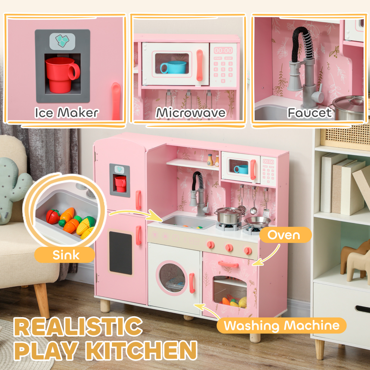 AIYAPLAY Kids Play Kitchen Set with Lights and Sounds, Pink