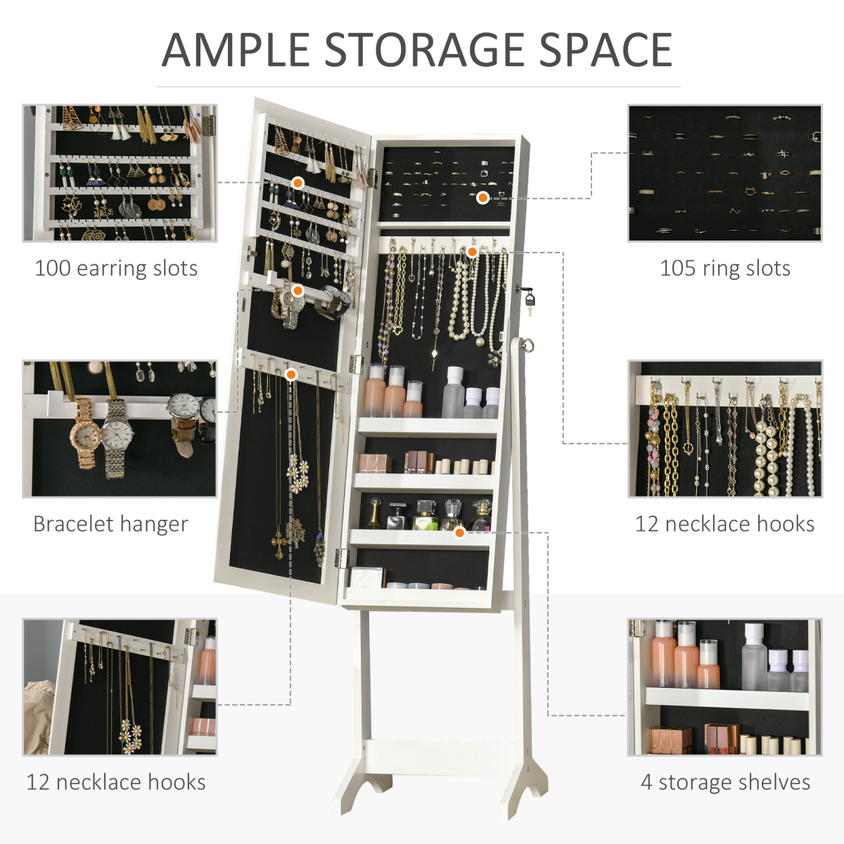 Freestanding Mirrored Jewellery Cabinet with Lockable Storage, White