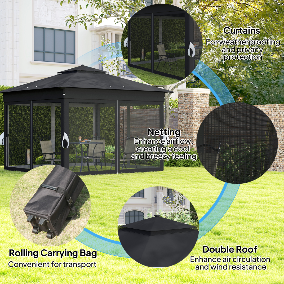 Outsunny 3 x 3m Pop Up Gazebo with Solar LED Lights and Netting, Black