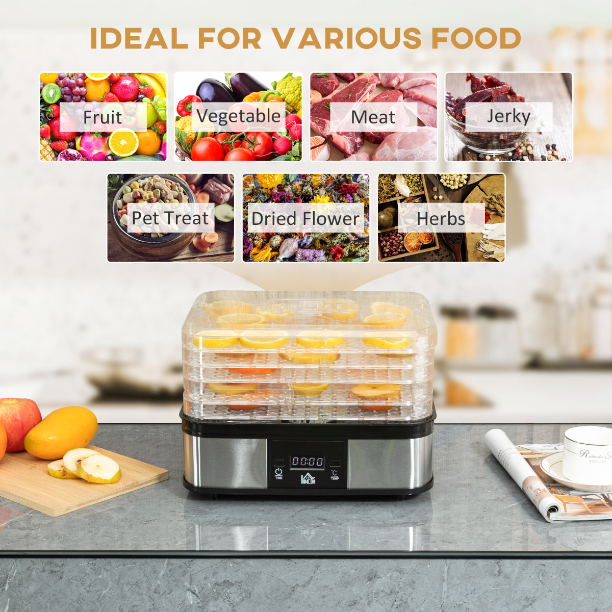 HOMCOM 5-Tier Stainless Steel Food Dehydrator, 245W, LCD Timer