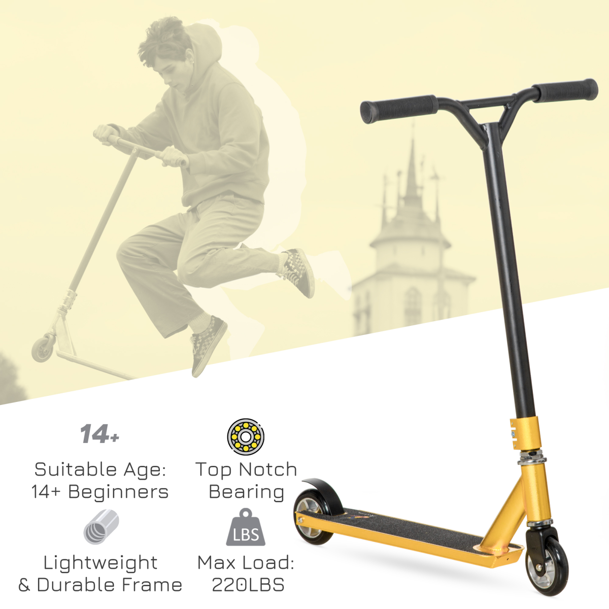 HOMCOM Stunt Scooter for 14+ Beginners, Entry Level Trick Scooter, Steel and Aluminum Alloy Frame, 360 Swivel Handlebars, Rear Wheel Brake, 100mm PU Wheels