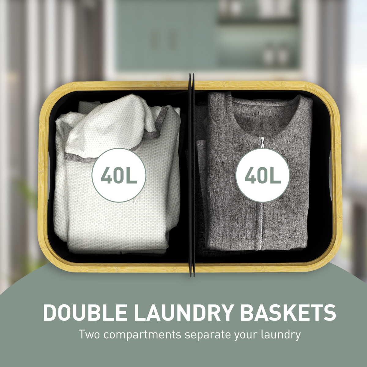 HOMCOM 80L Double Laundry Hamper, Foldable Bamboo, Black