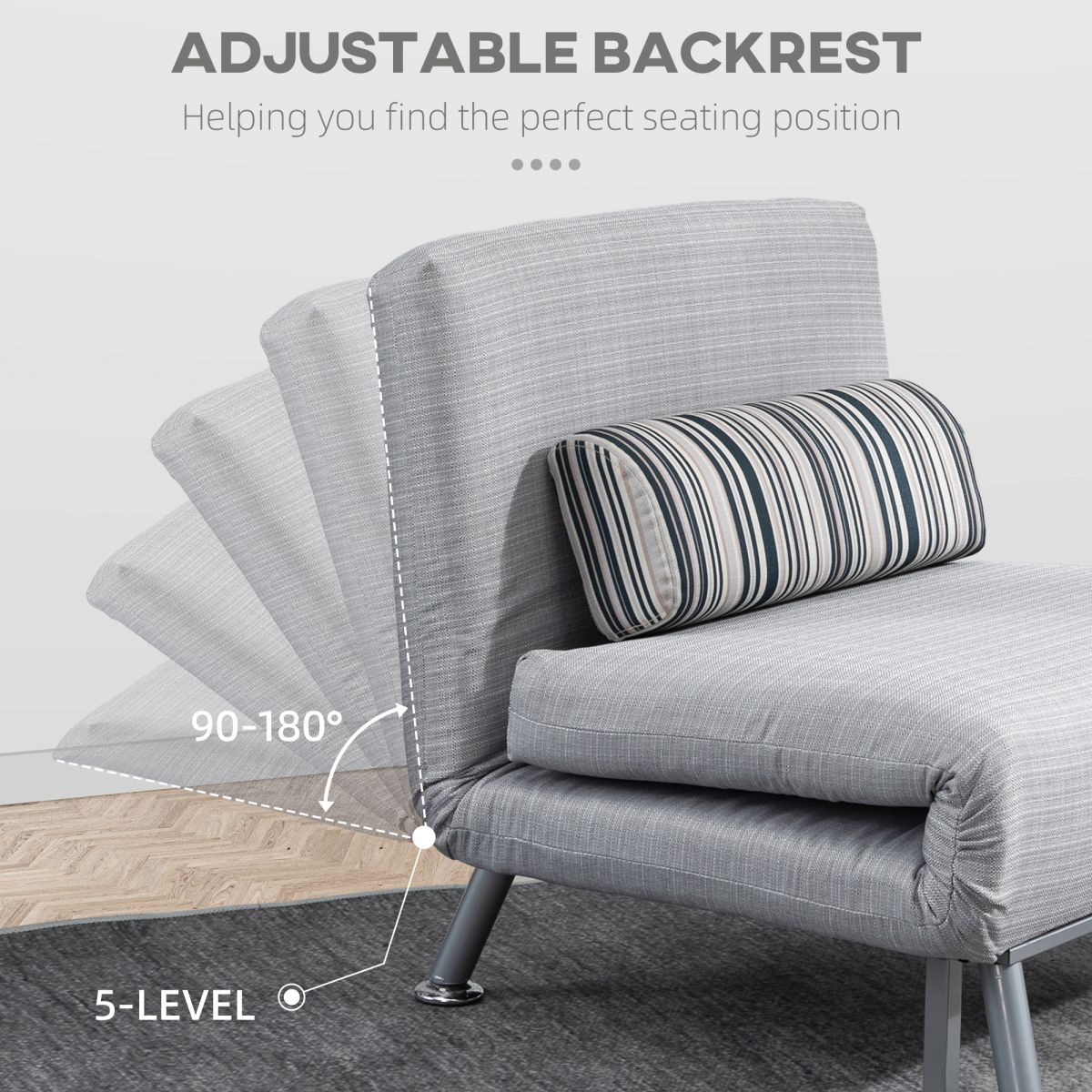 Single Sofa Bed Folding Chair Bed with 5-Position Adjustable Back, Steel Frame, Pillow, Grey/Silver