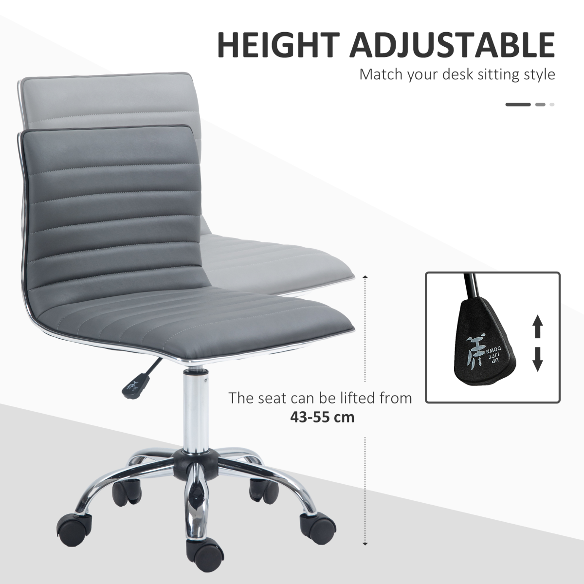 HOMCOM Armless Mid-Back Adjustable Swivel Office Chair, Dark Grey