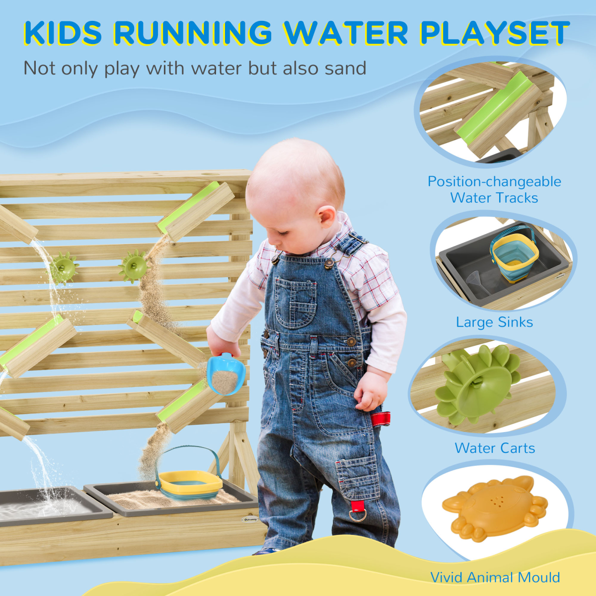 Outsunny Kids Sand and Water Playset with 18 Accessories, Dual Sinks, Water Tracks and Carts, Fir Wood, Ages 3-7