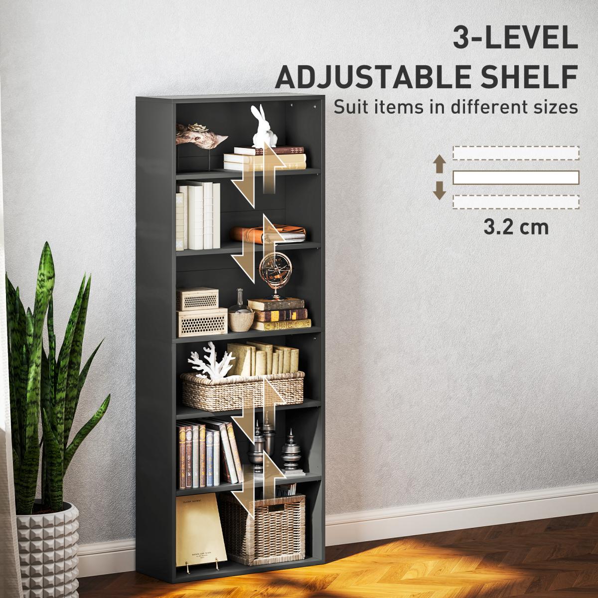 HOMCOM 6-Tier Freestanding Bookcase with Adjustable Shelves, Black