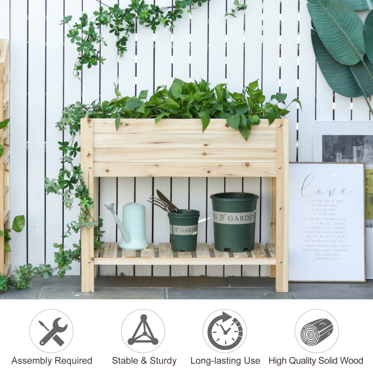 Outsunny Wooden Raised Plant Stand with Bottom Shelf 100x40x84cm
