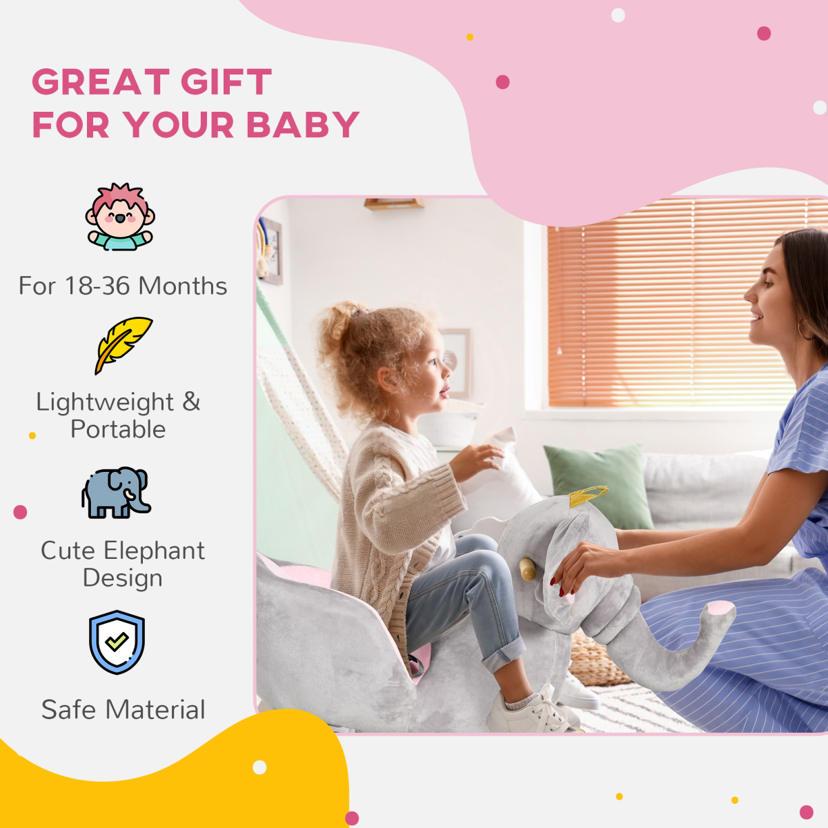 Baby Elephant Rocking Chair Rocker Toy with Sound, 18-36 Months
