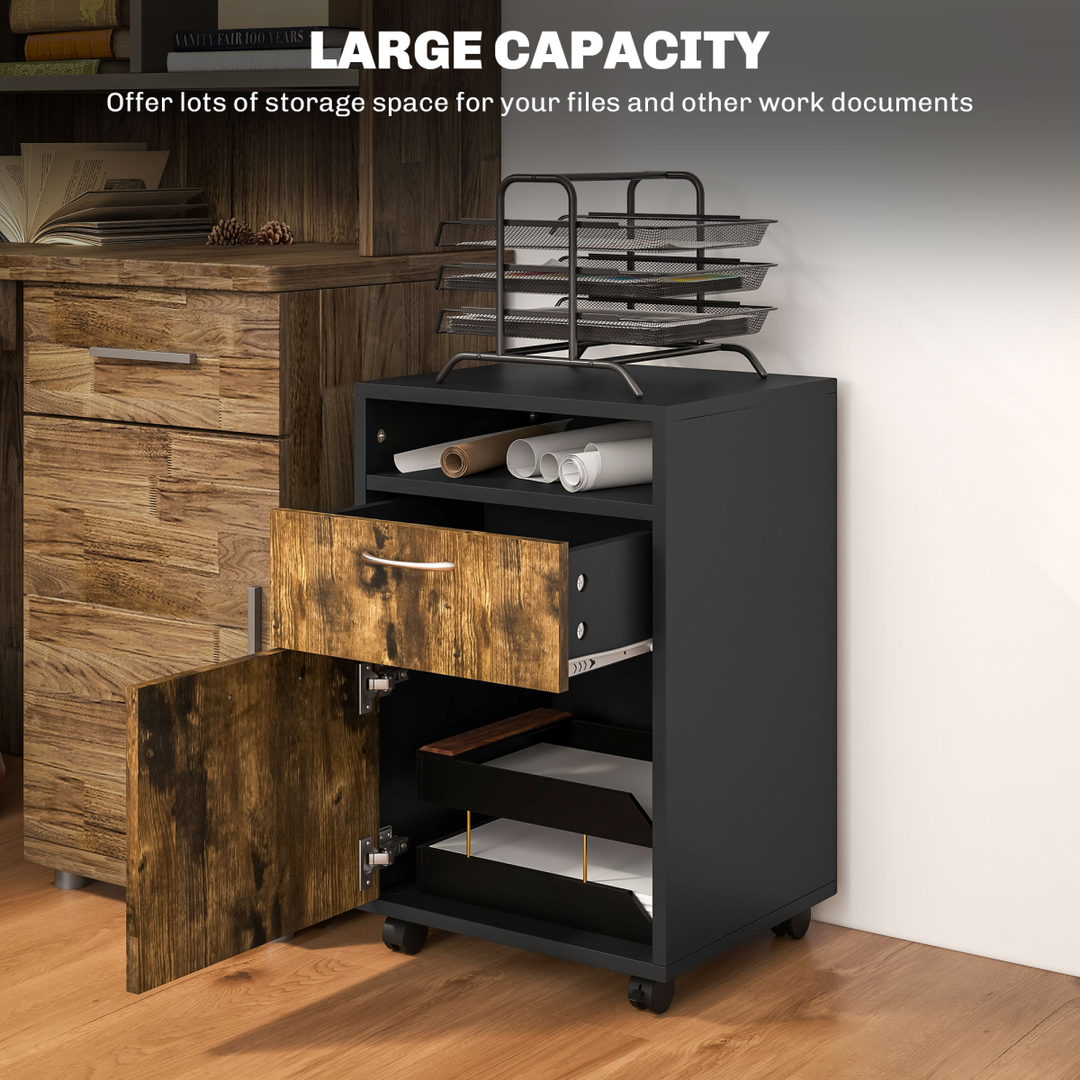 HOMCOM 60cm Storage Cabinet on Wheels with Drawer and Open Shelf, Rustic Brown