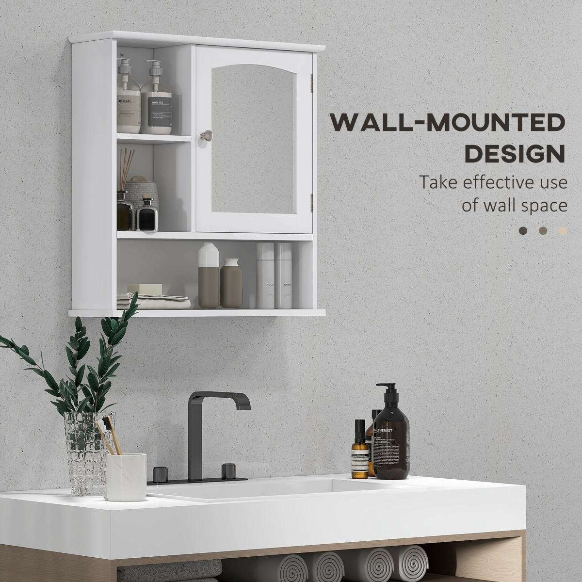 kleankin Wall-Mounted Bathroom Mirror Cabinet, Single Door Storage Cabinet with Adjustable Shelf and 3 Open Shelves, MDF, Water-Resistant Painted Surface