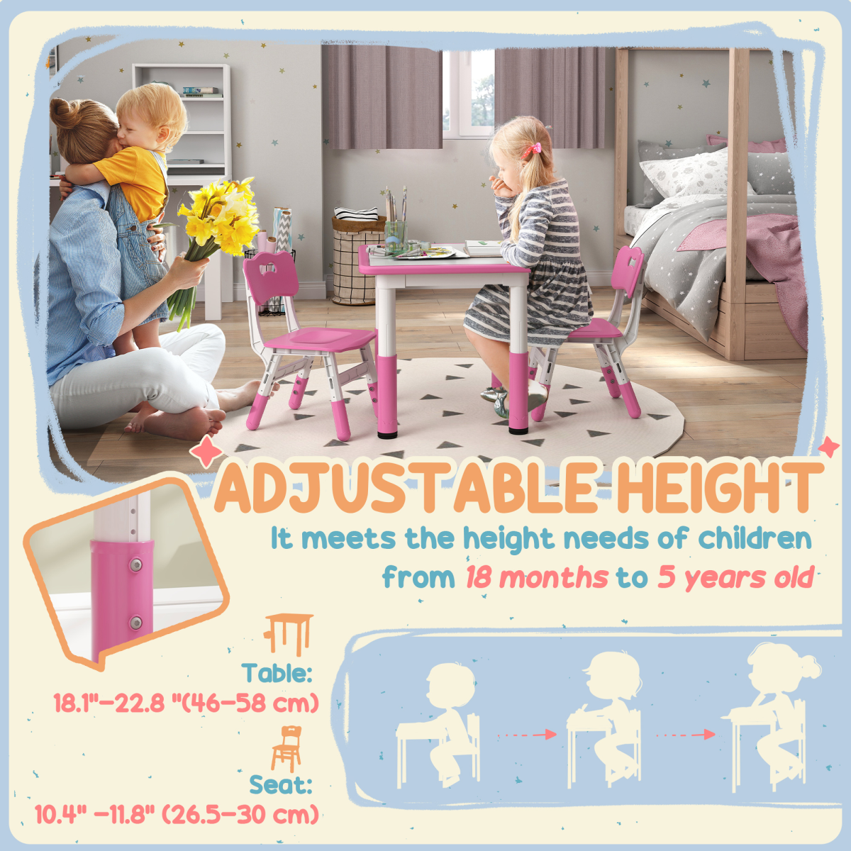 AIYAPLAY 3-Piece Adjustable Kids Table and Chair Set, Pink