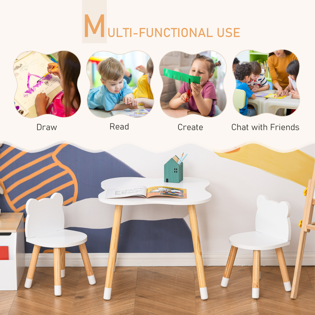 HOMCOM 3-Piece Kids Table and 2 Bear-Shaped Chairs Set, White