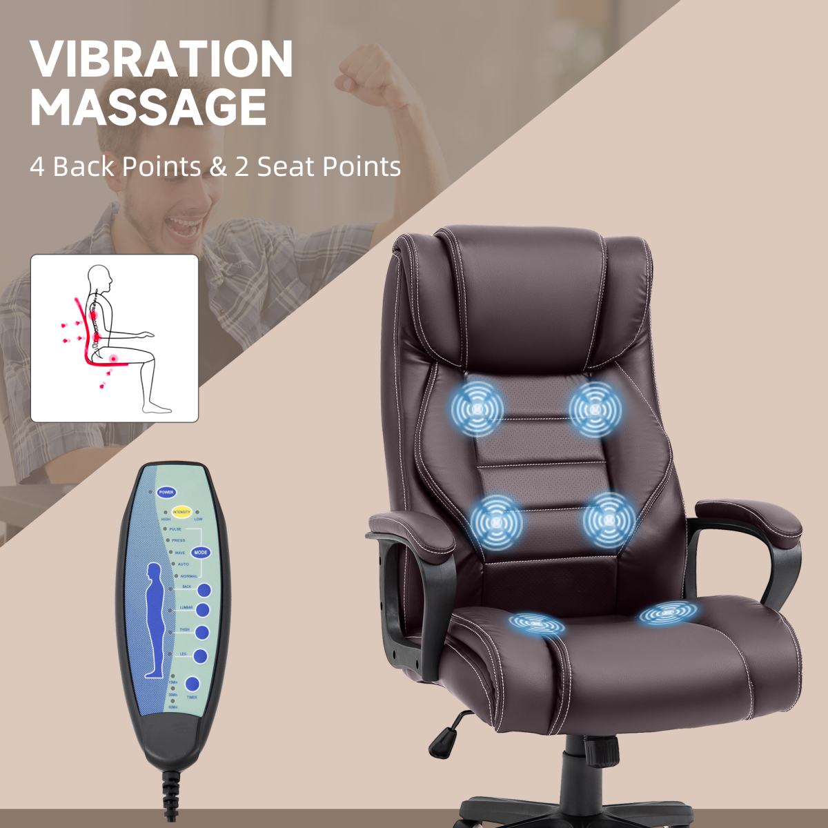 High Back PU Leather 6-Point Vibration Massage Executive Office Chair, Brown