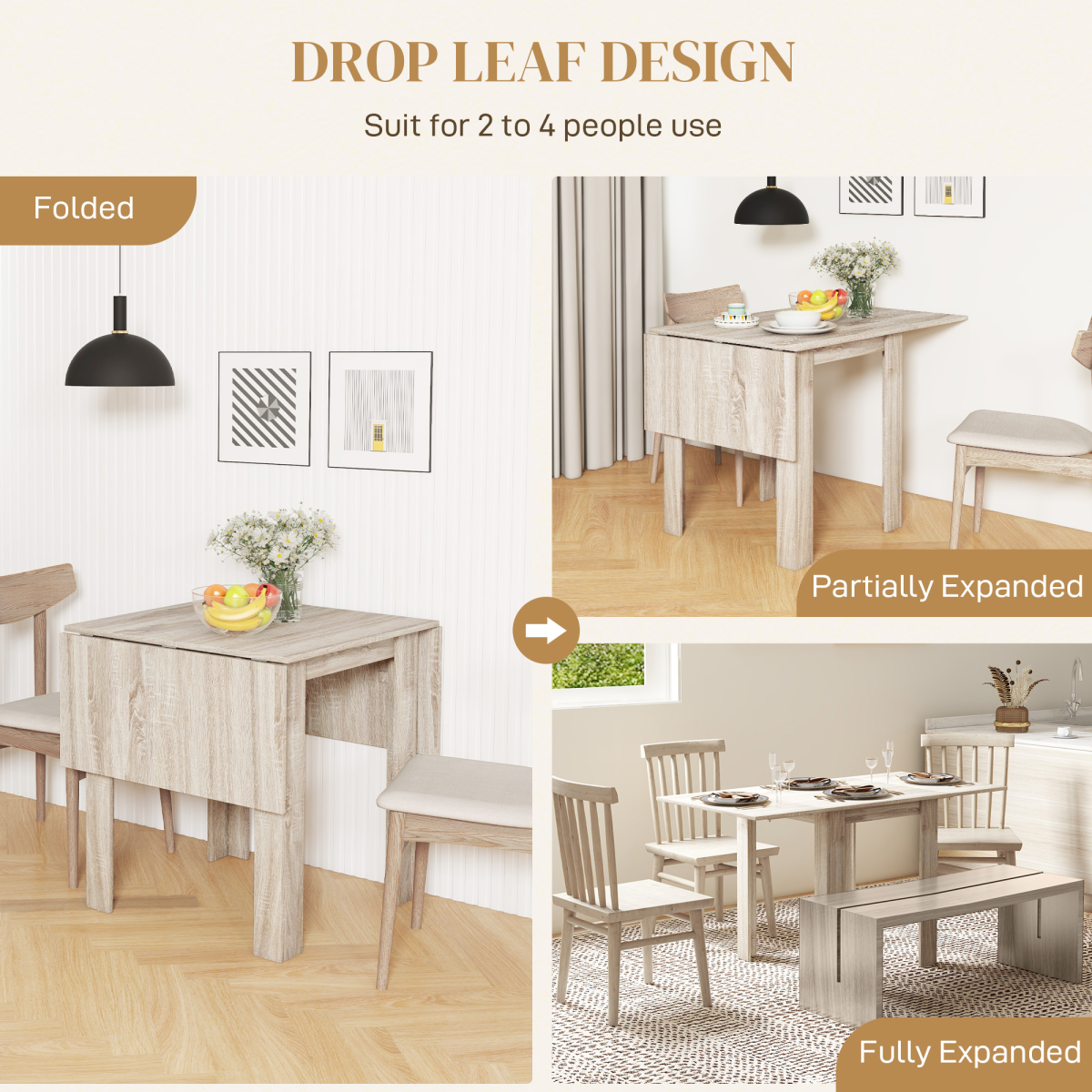 HOMCOM Oak Folding Drop Leaf Dining Table, Extendable for 2-4 People