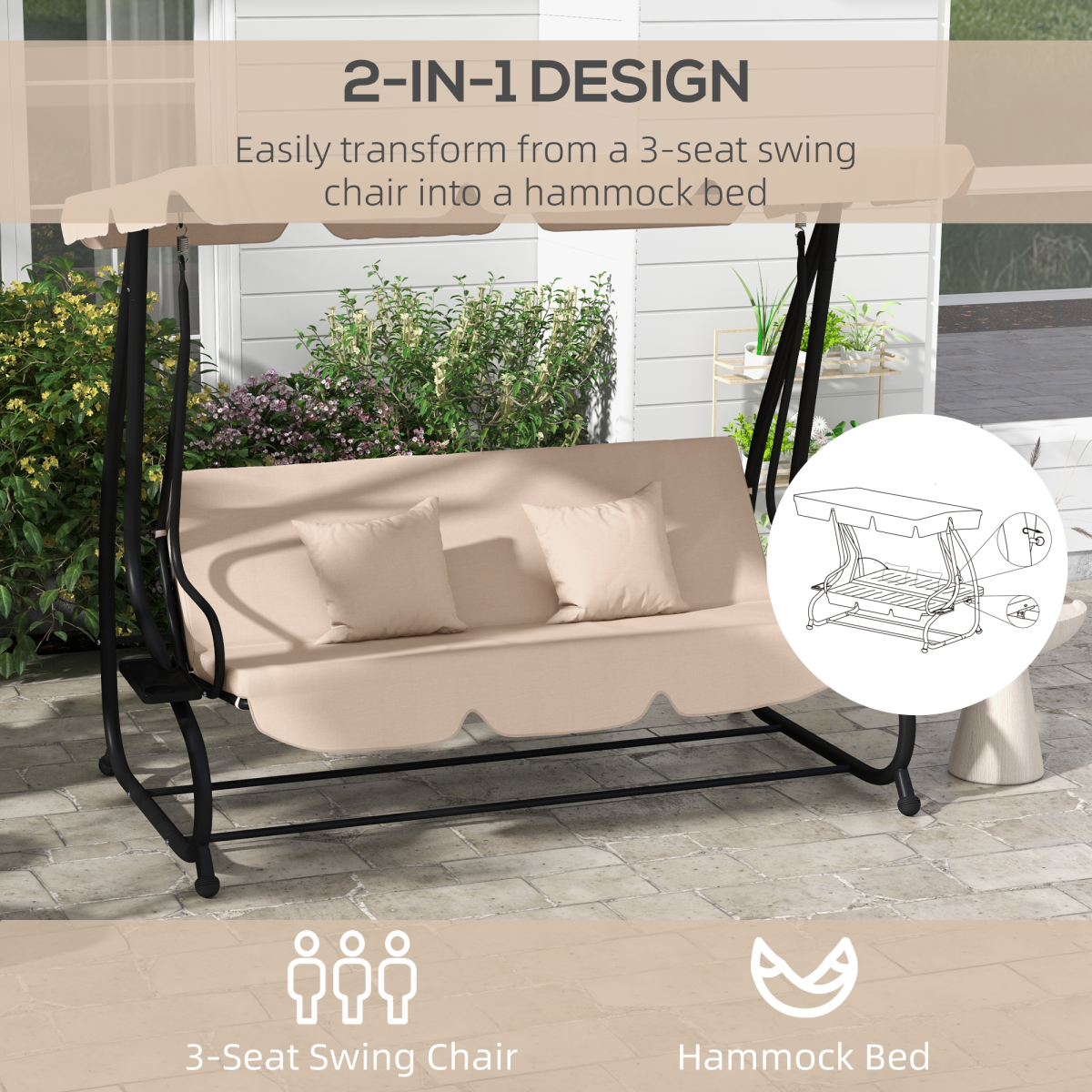 Outsunny 2-in-1 3-Seater Swing Chair with Adjustable Canopy, Light Brown