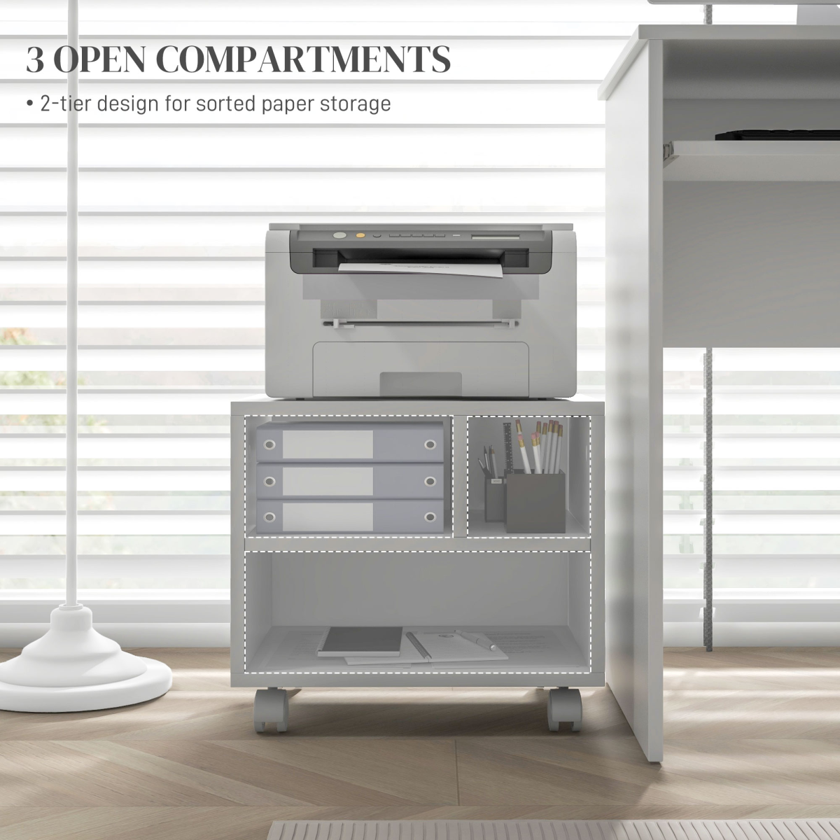 HOMCOM White Printer Stand with Storage and Wheels for Home Office