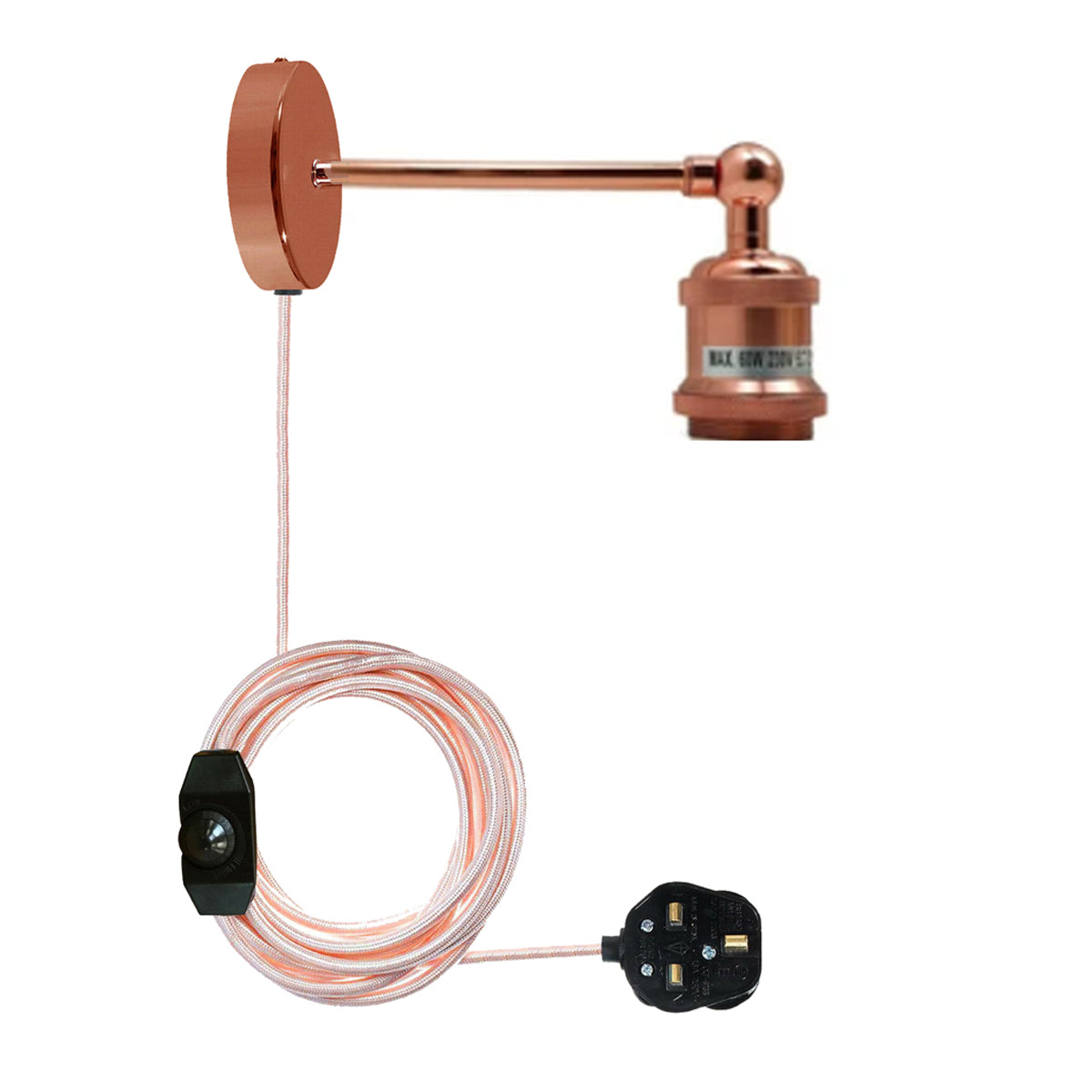 Vintage Rose Gold Plug-In Wall Sconce Lamp with Dimmer Switch