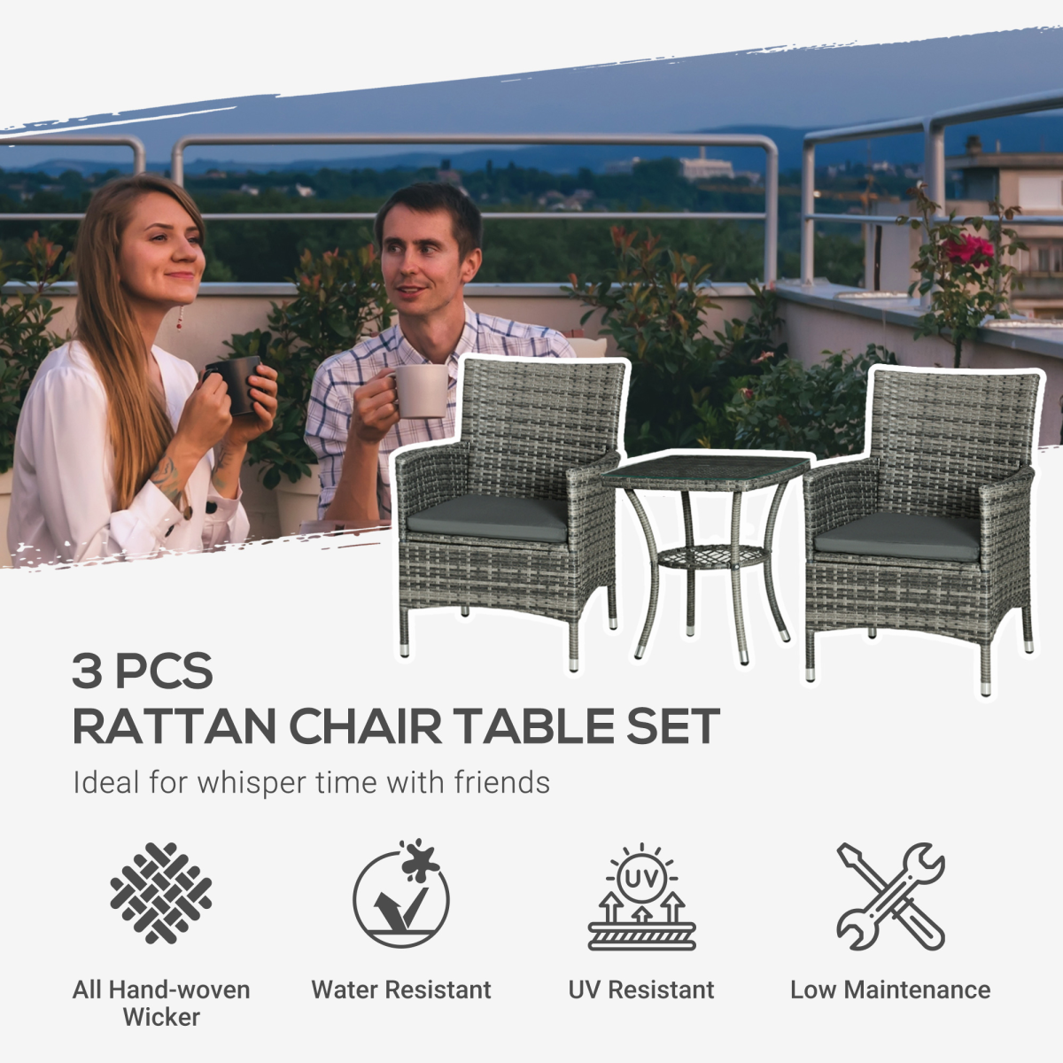 Outsunny 2 Seater Garden Bistro Set with Side Coffee Table, Cushions, Light Grey