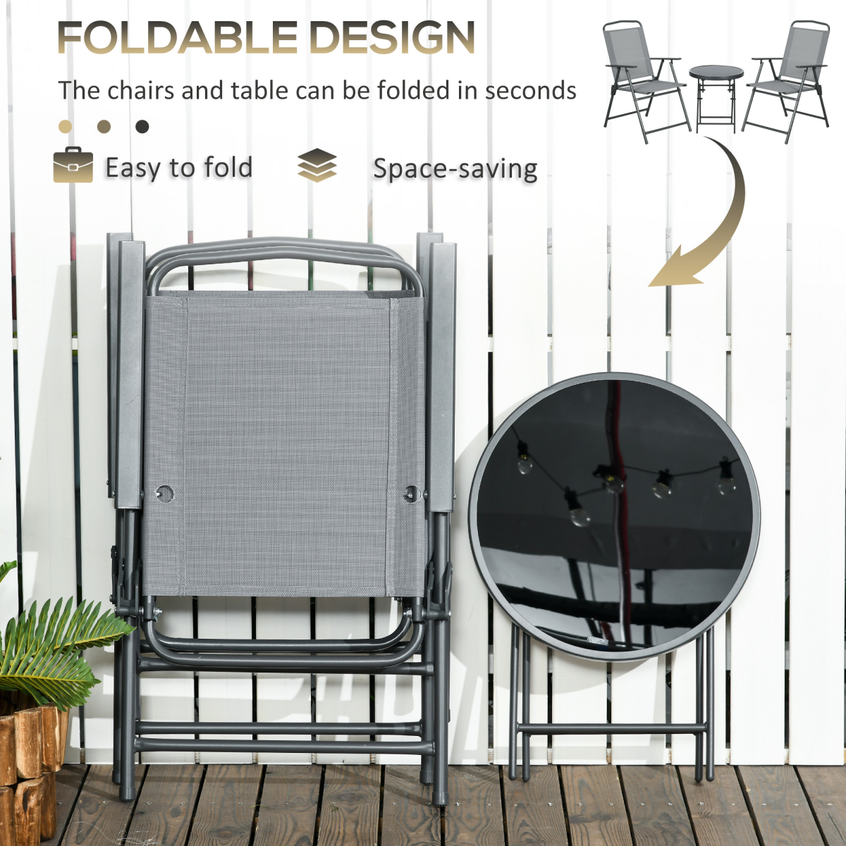 Outsunny Patio Bistro Set Folding Chairs & Coffee Table for Balcony,Grey