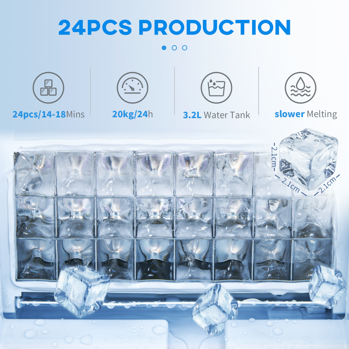 Counter Top Ice Maker Machine, Makes 20kg Ice in 24 Hours, 24 Cubes Every 18 Minutes, LCD Display, Automatic Cleaning, Adjustable Cube Size, 3.2L Capacity, Unbranded